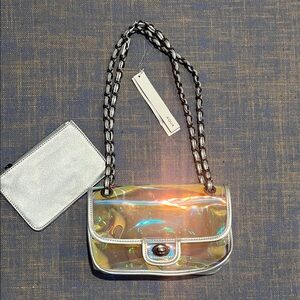 Aqua Holographic Iridescent Chain Shoulder Bag in Silver